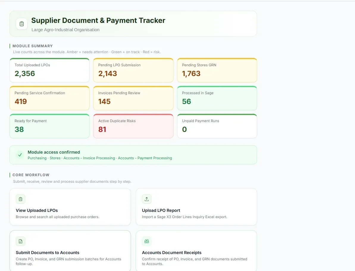 Supplier command centre dashboard showing consolidated supplier records grouped by payment-readiness status