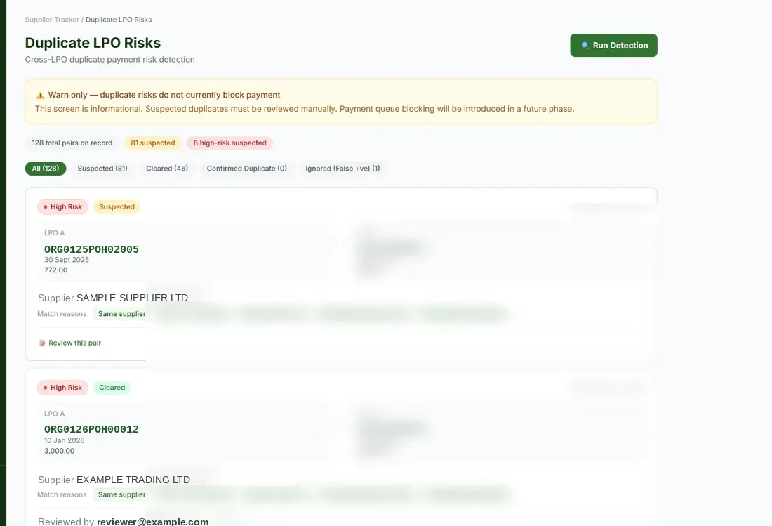 Duplicate-payment risk view flagging supplier payment records for review before payment